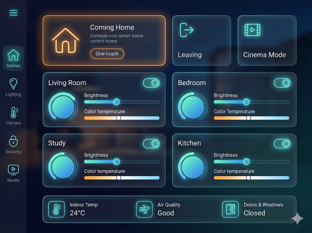 Smart home control hub dark glassmorphism UI prompt | MyPrompt Prompt ...