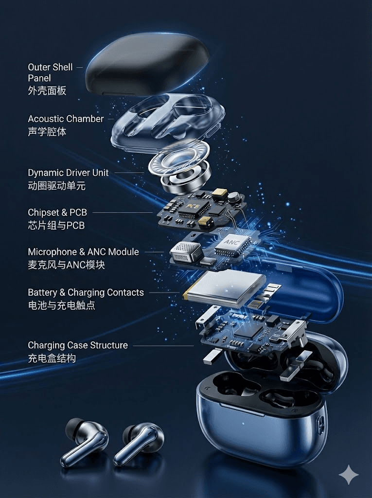 Hyper-real floating exploded TWS earbuds and charging case tech ...