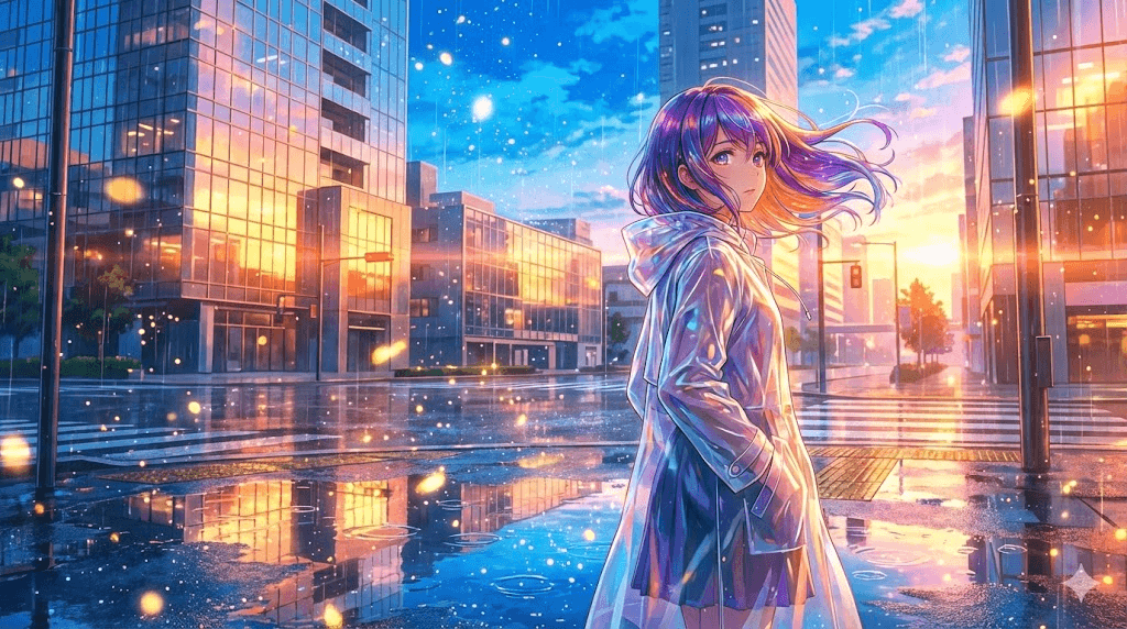 新海诚风格雨后街角透明雨衣少女