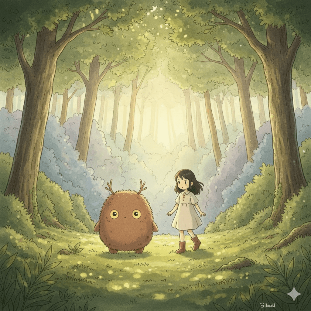吉卜力温暖手绘风小女孩与森林精灵苔藓童话插画提示词 | MyPrompt 提示词库