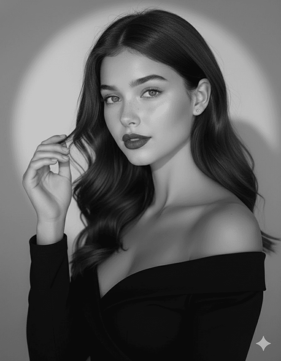 Red lipstick black off-shoulder close-up portrait prompt