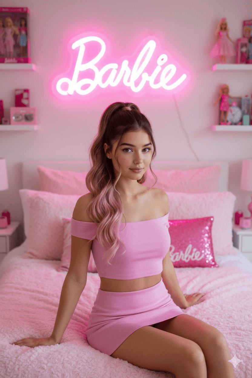Barbie-themed bedroom photoshoot prompt