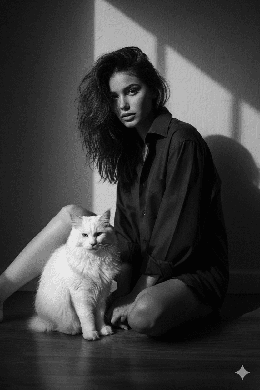 Black-and-white cinematic portrait with Maine Coon cat