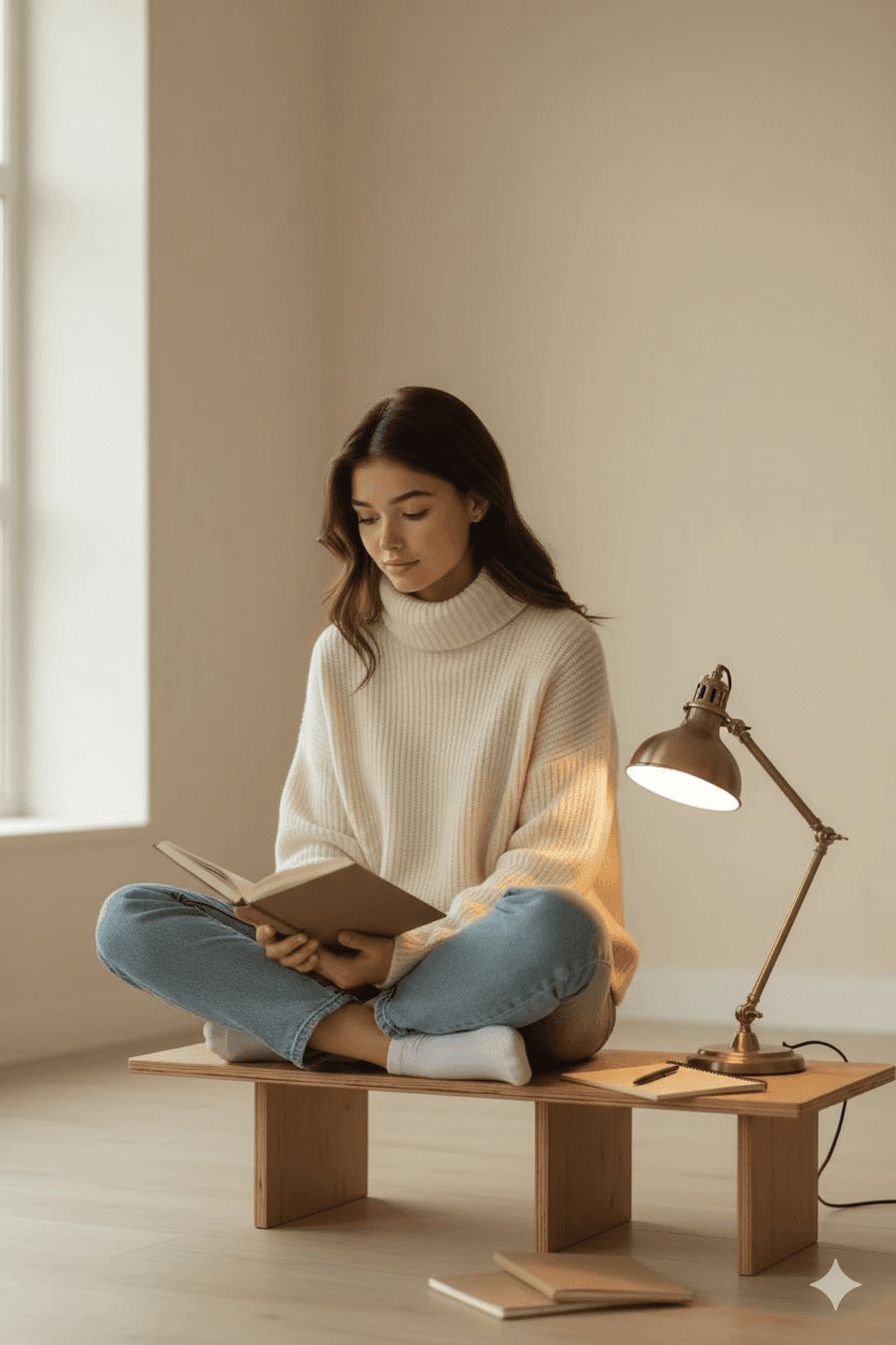 Cozy window coffee portrait prompt