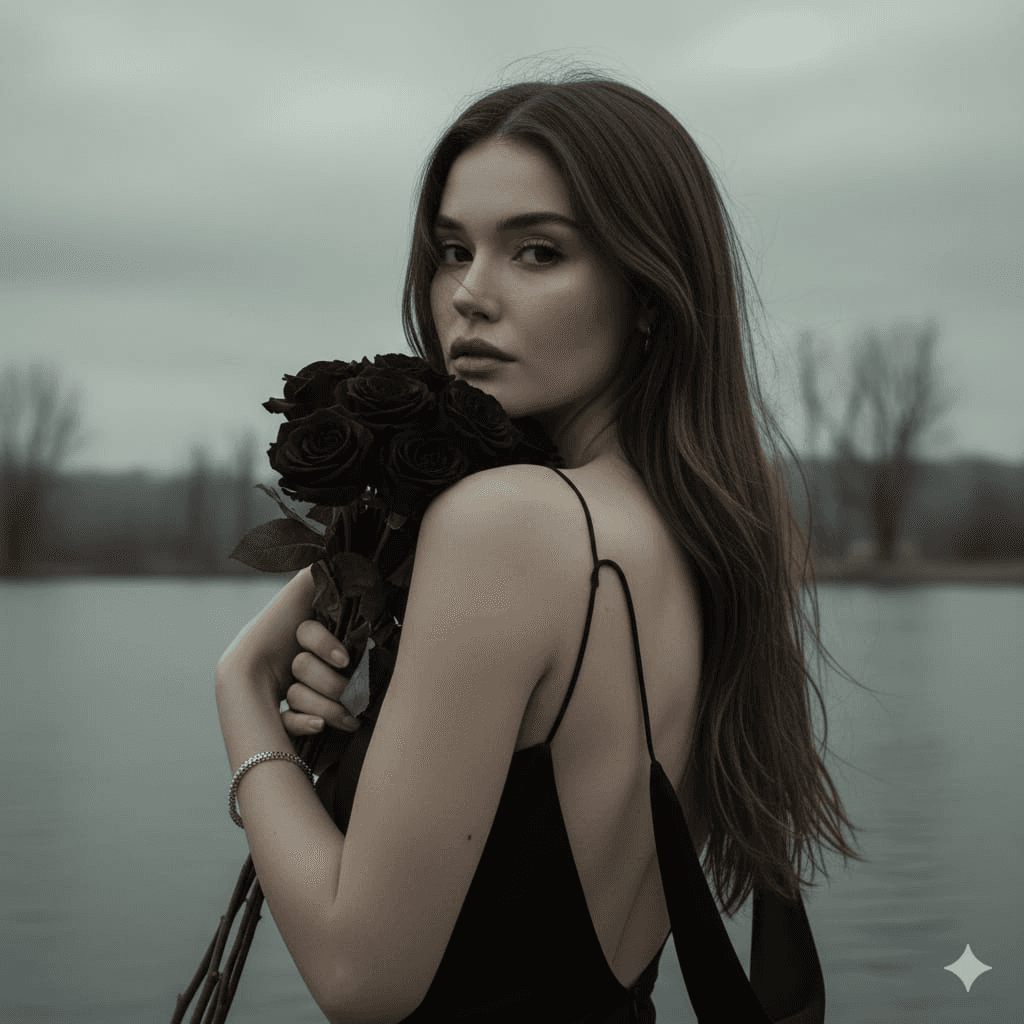Gothic lakeside over-shoulder portrait prompt
