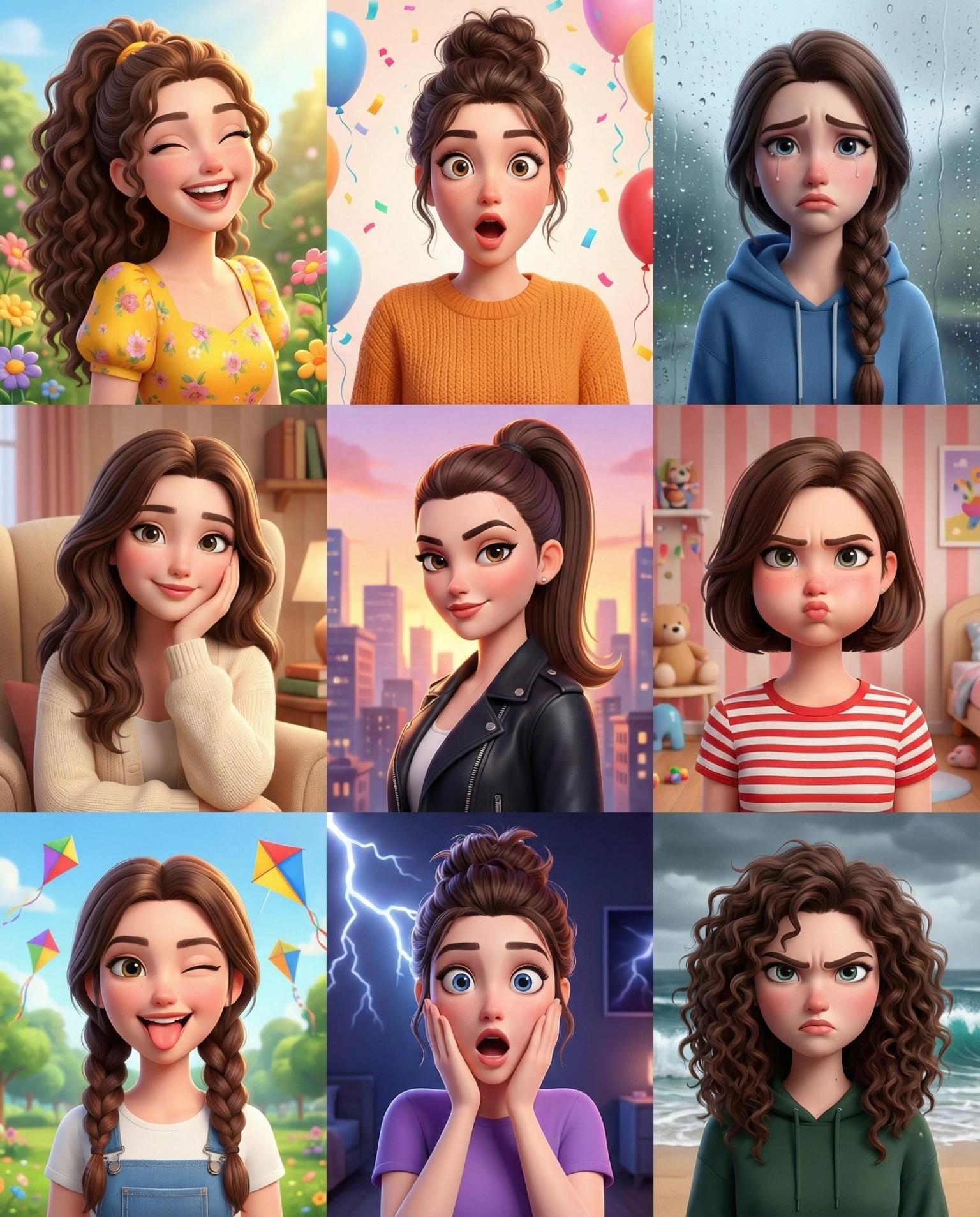 3D cartoon 3x3 expression collage prompt