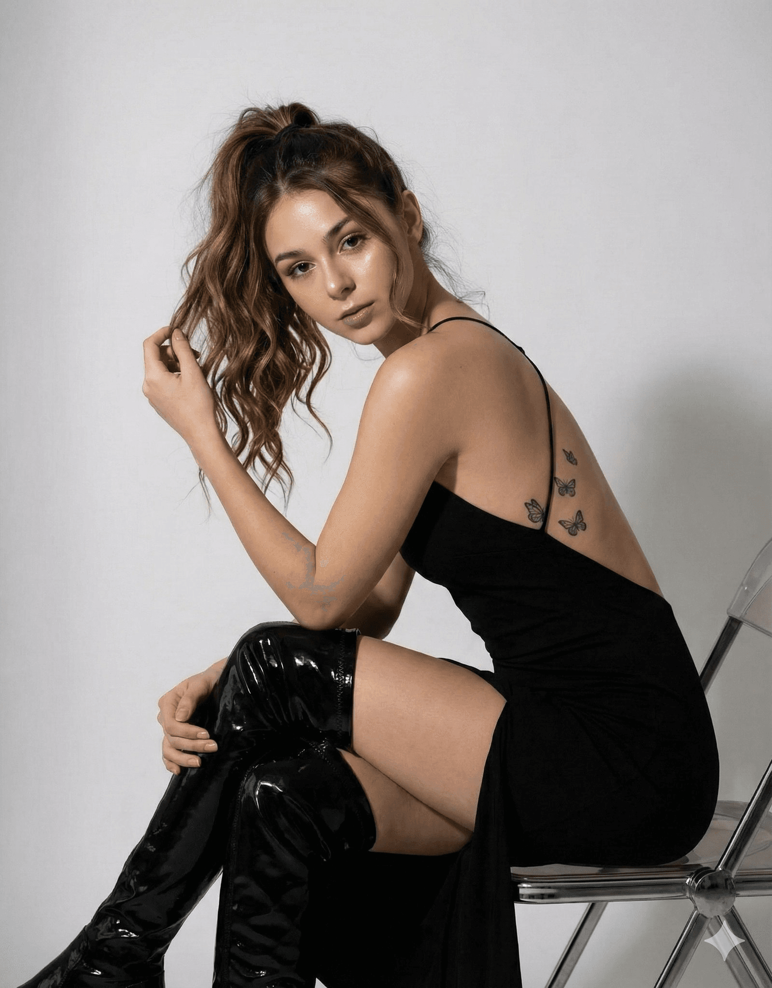 Black backless dress studio editorial portrait prompt