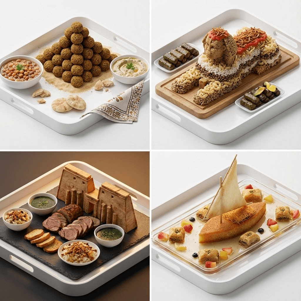 Egypt miniature food landscape 2x2 grid prompt