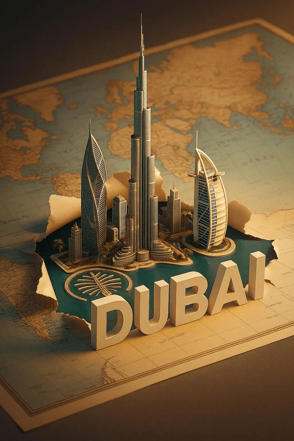 Torn map miniature city travel poster prompt