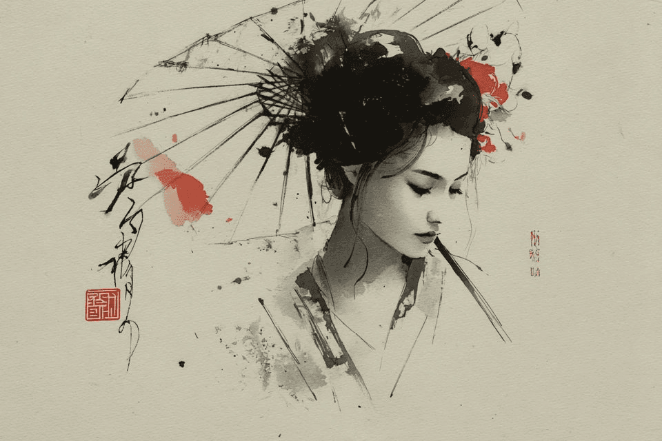 Japanese ink geisha with fan prompt