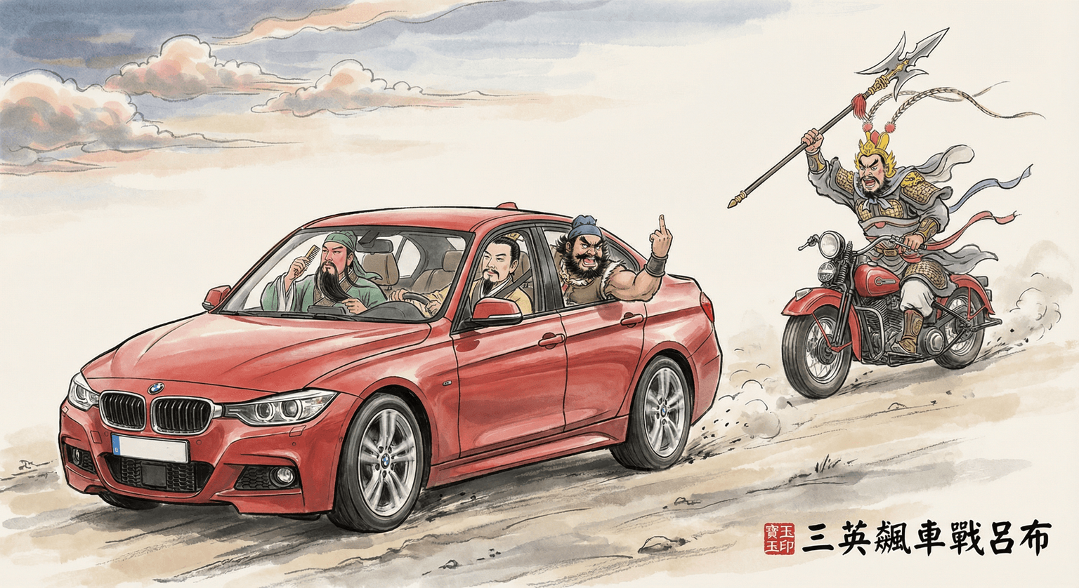 Ink-wash comedic anachronism: Three Heroes race Lu Bu