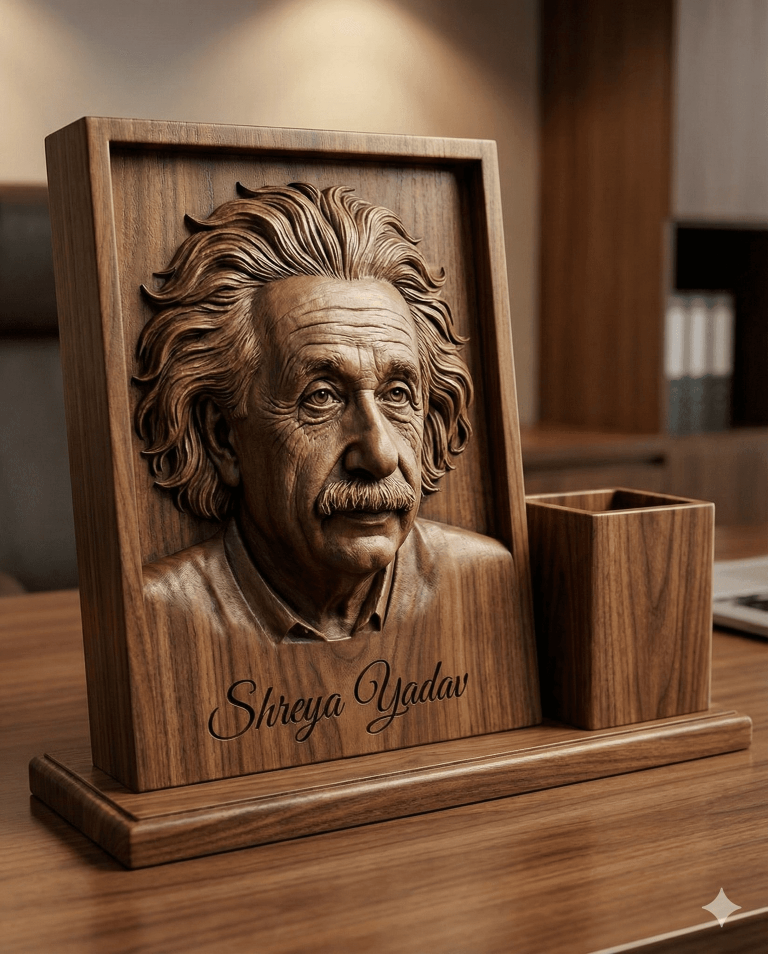 Luxury wooden desk accessory with engraved portrait prompt