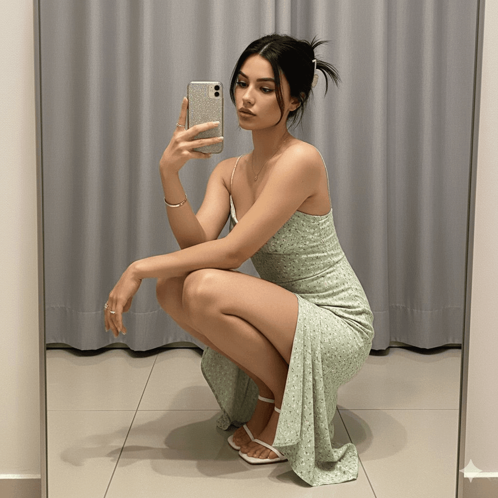 Elegant mirror selfie squat prompt