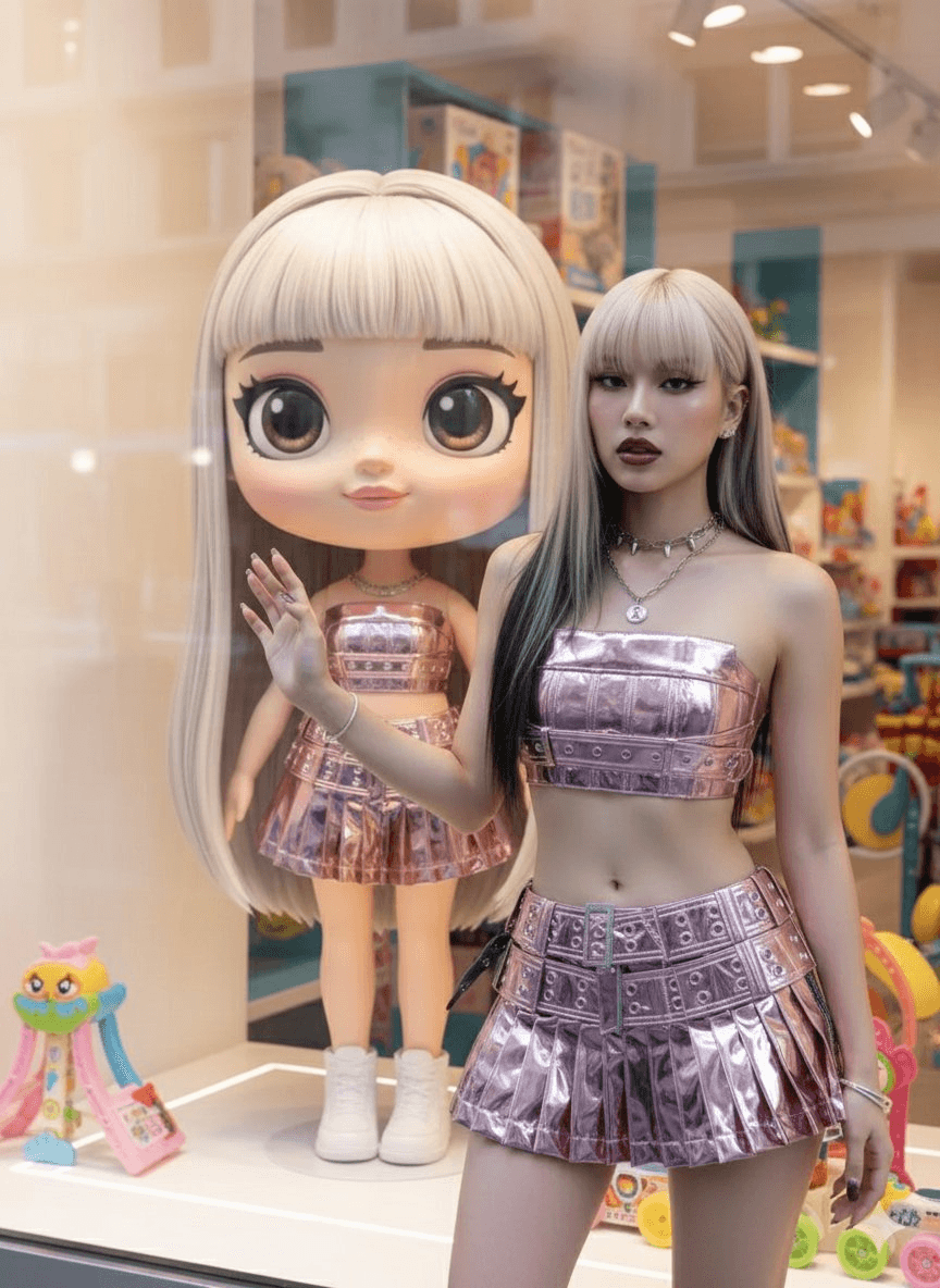 Luxury toy shop window twin doll fashion prompt
