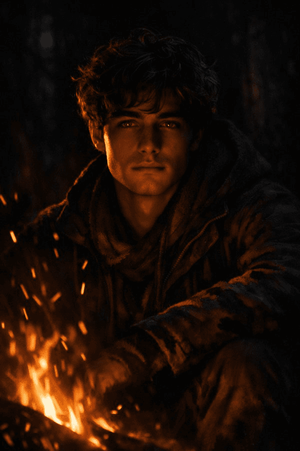 Campfire chiaroscuro night portrait prompt