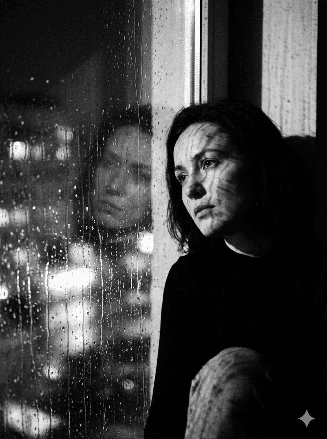 Rainy night window noir portrait prompt