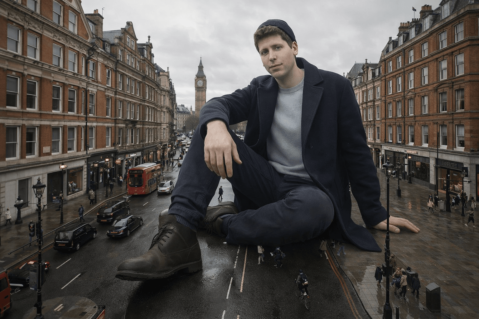 Colossal man in London drone photo prompt
