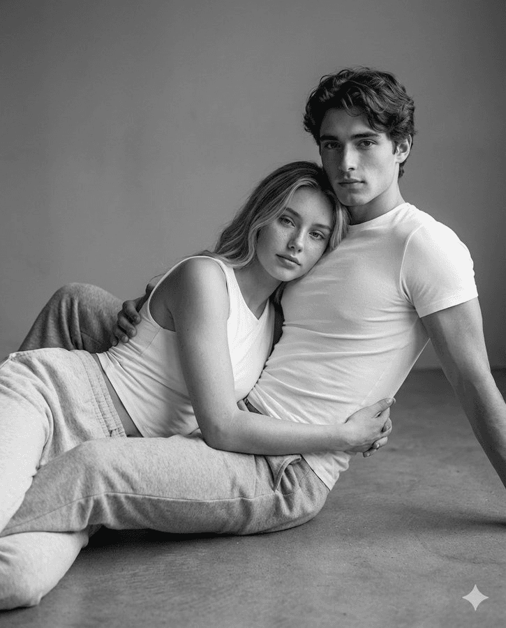 Contemporary B&W couple studio portrait prompt