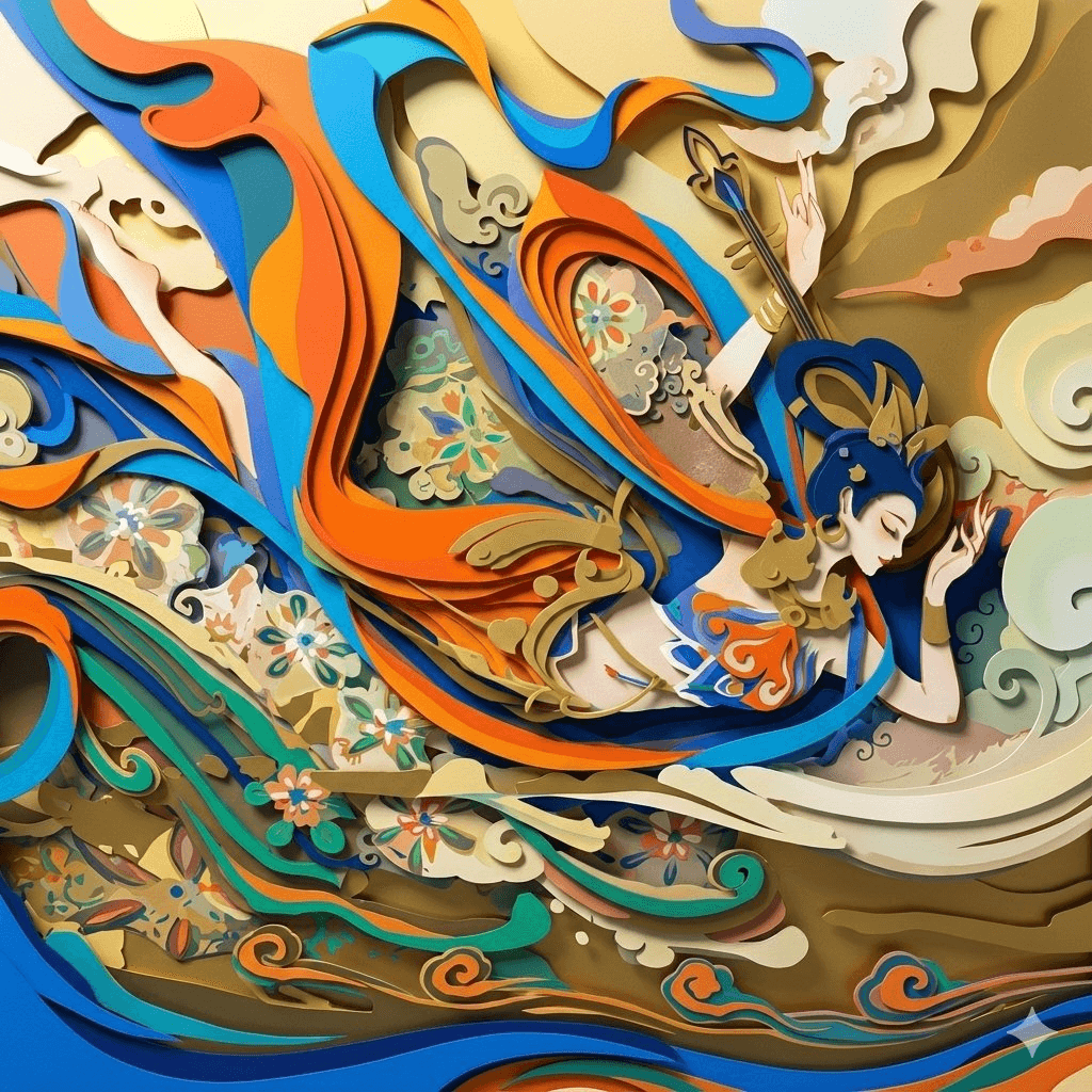 Dunhuang flying apsaras layered papercut diorama prompt