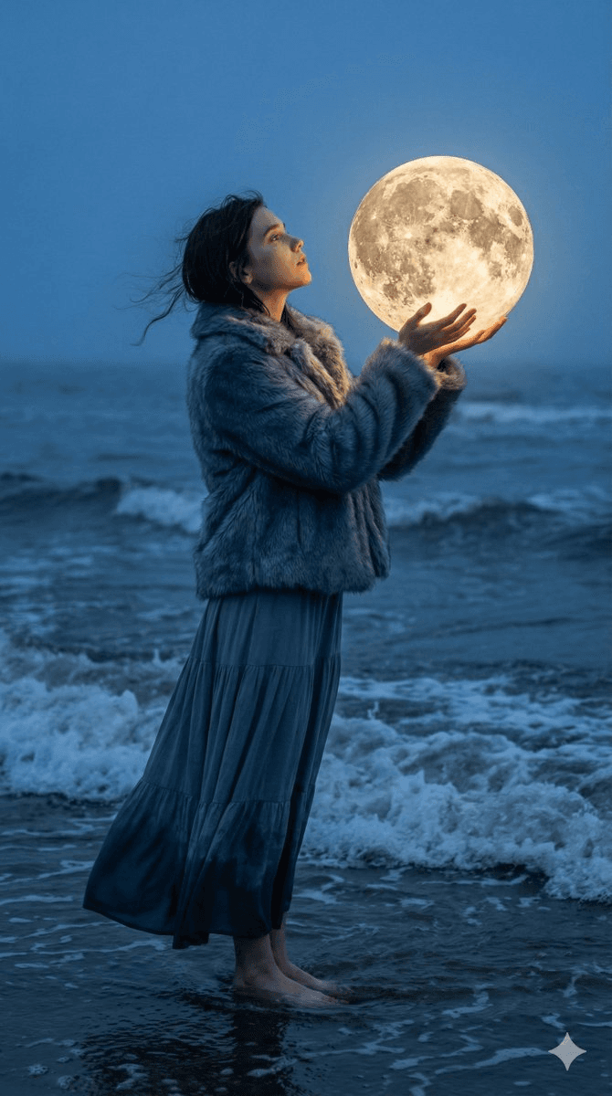Blue-hour ocean moon-orb portrait prompt