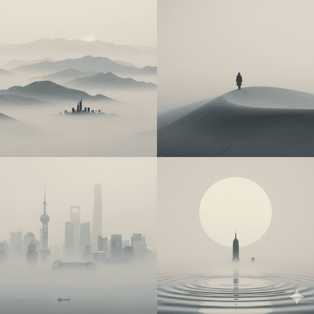 Minimal atmospheric monochrome 4-panel grid prompt