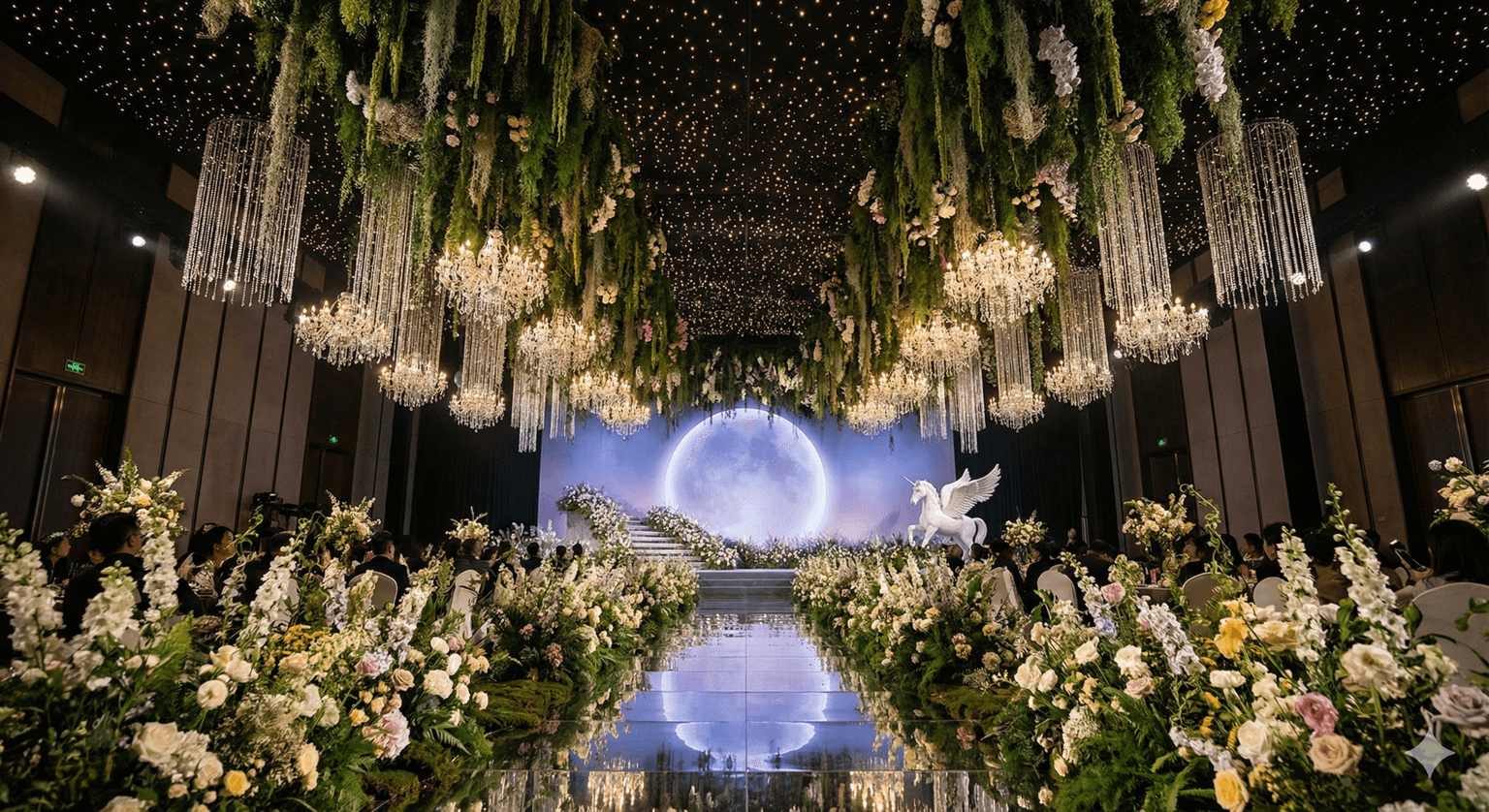 Surreal luxury forest wedding hall prompt