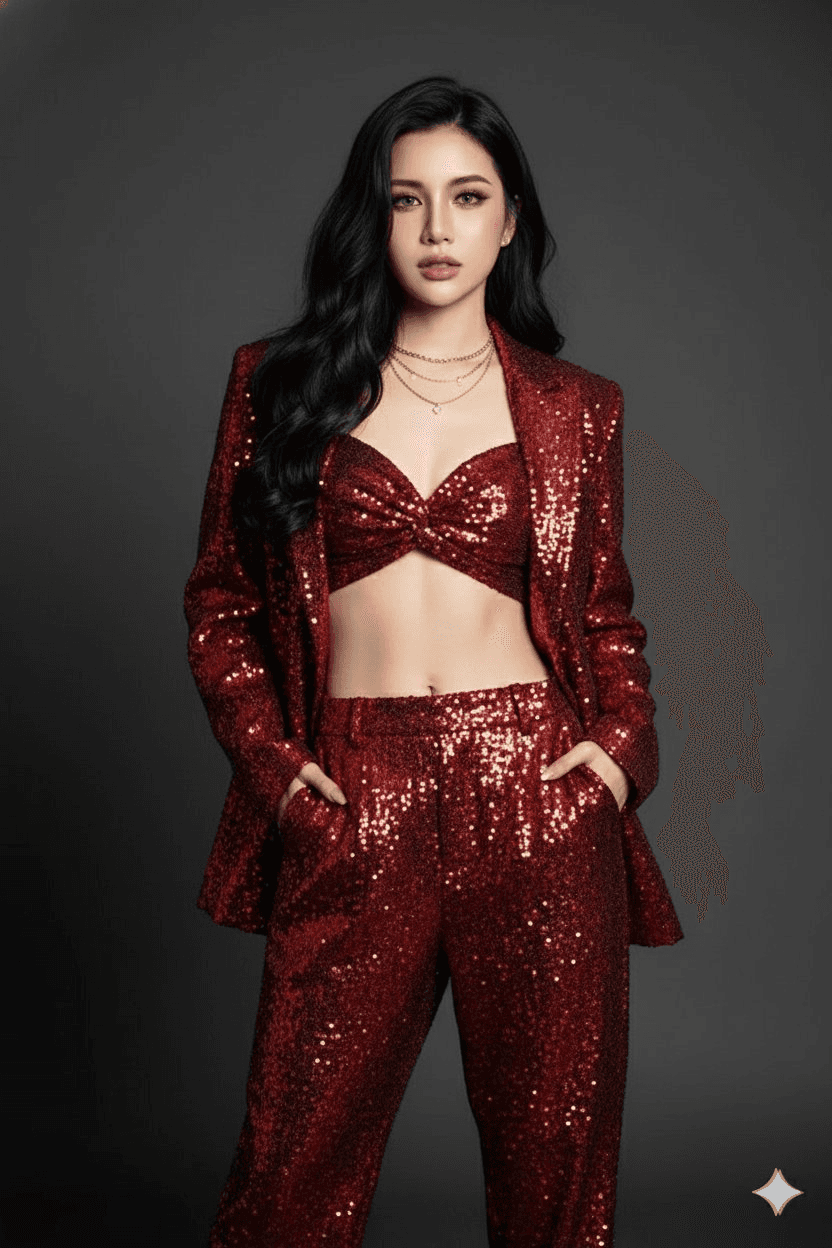 Metallic red sequined suit fashion photo prompt