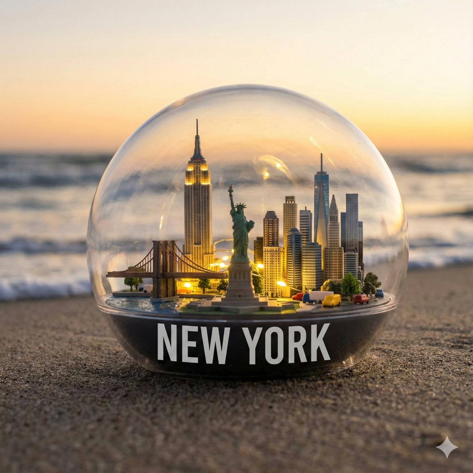 Miniature city capsule on beach prompt