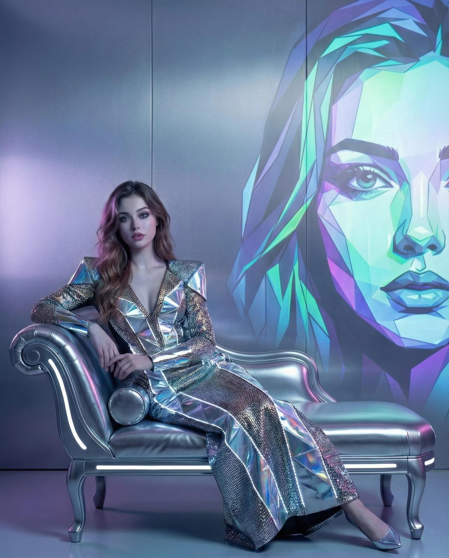 Cyber-luxury chrome chaise portrait prompt