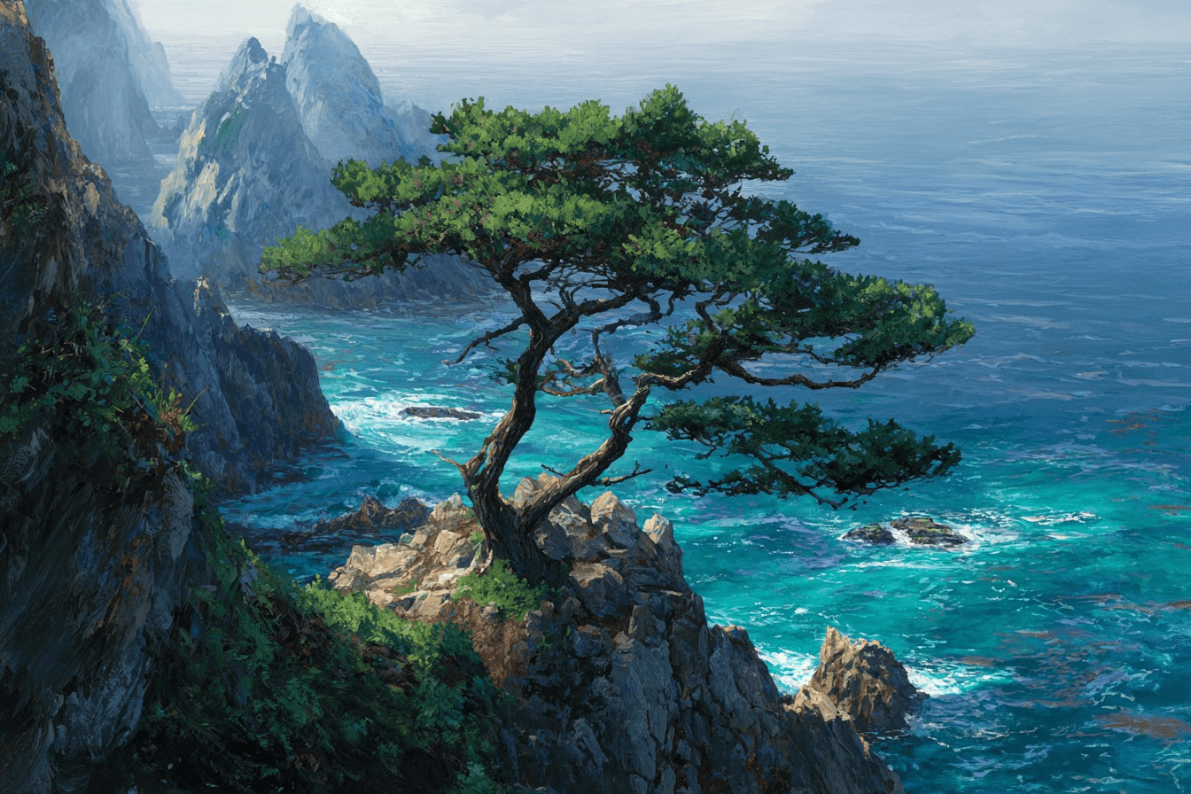 Sea cliff pine panorama prompt
