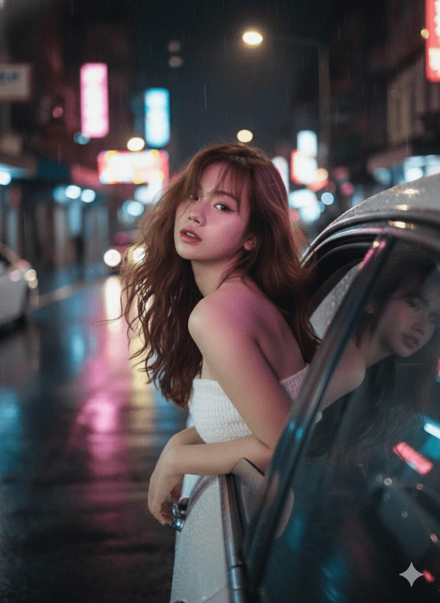 Vintage windy car-window night portrait prompt