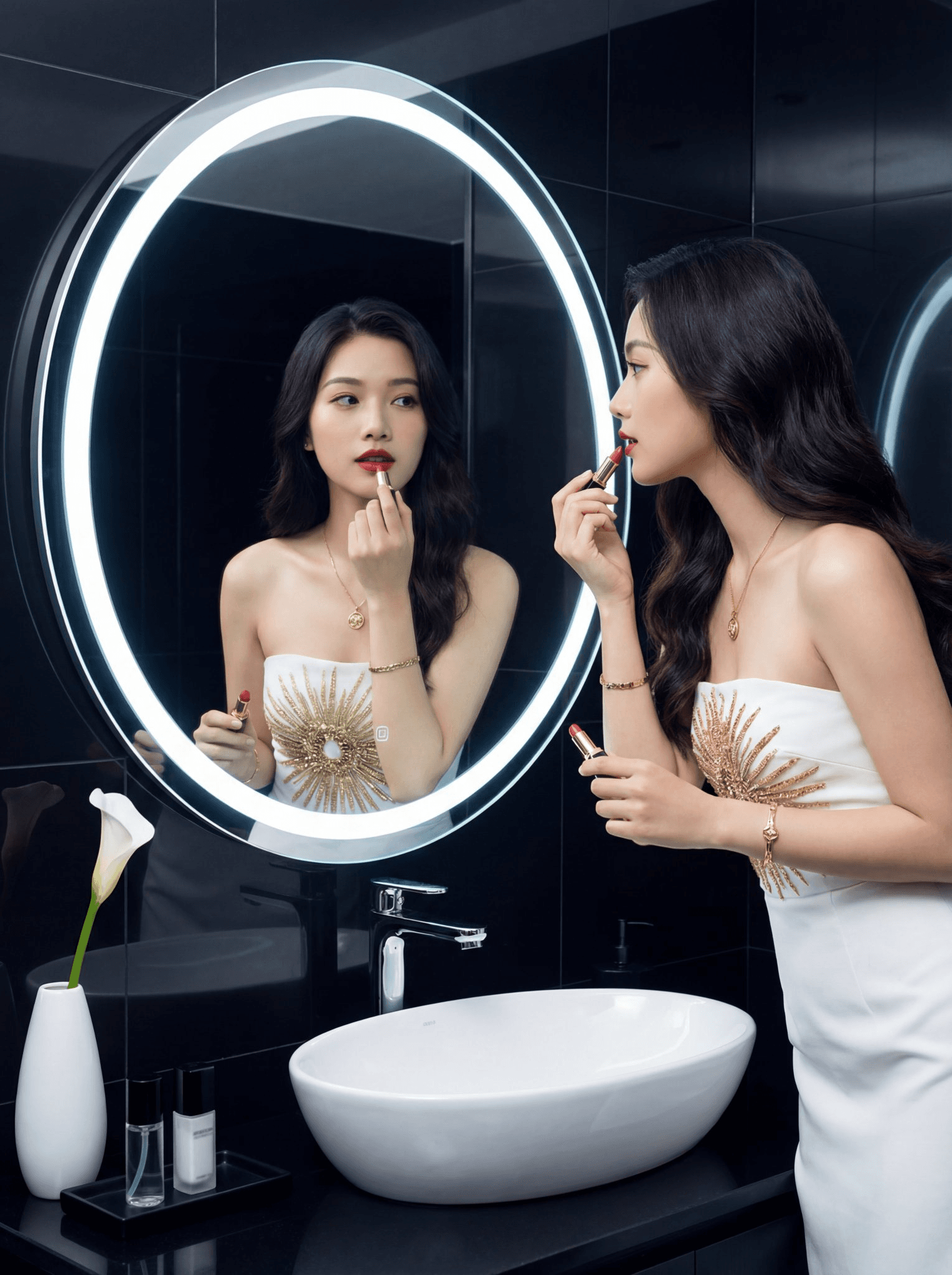 Luxury bathroom lipstick portrait prompt