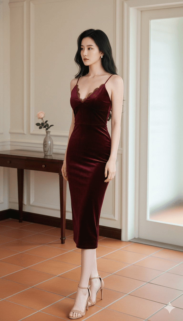 Burgundy velvet dress editorial portrait prompt