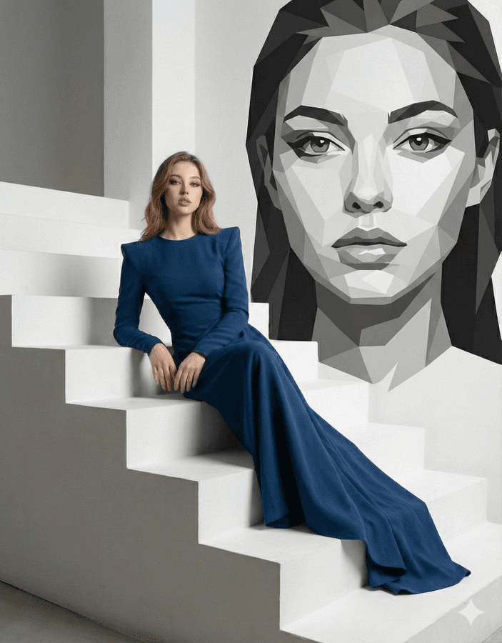 Luxury editorial portrait on minimalist stairs prompt