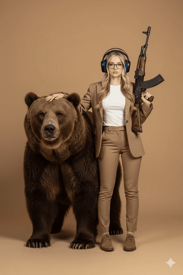 Surreal studio woman and grizzly bear portrait prompt