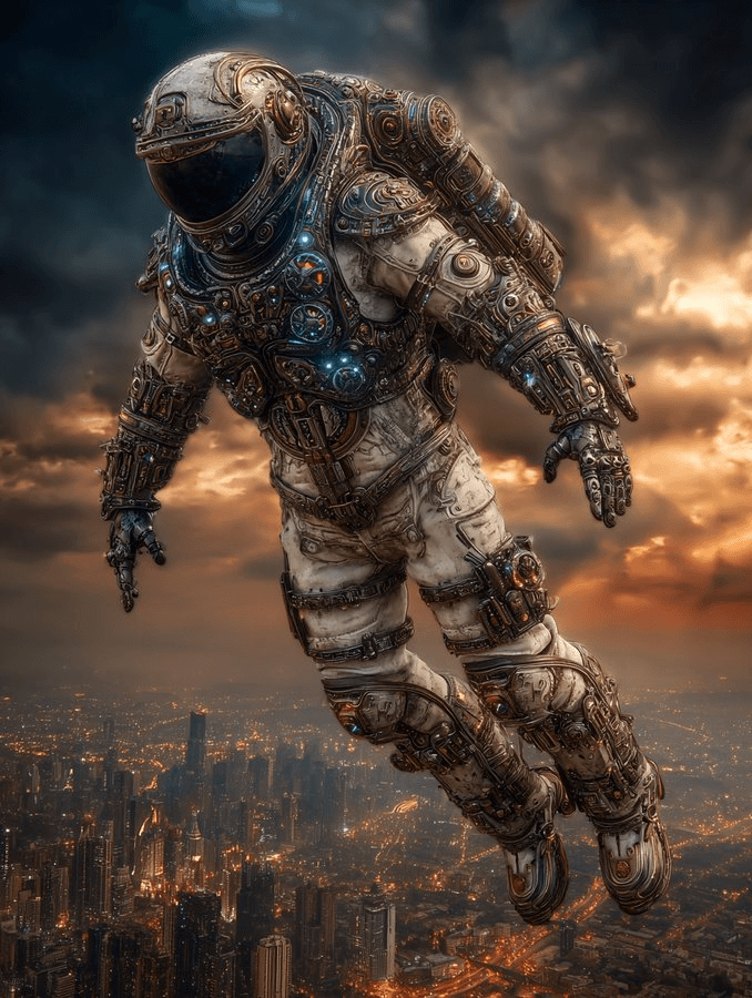 Steampunk astronaut floating above city prompt