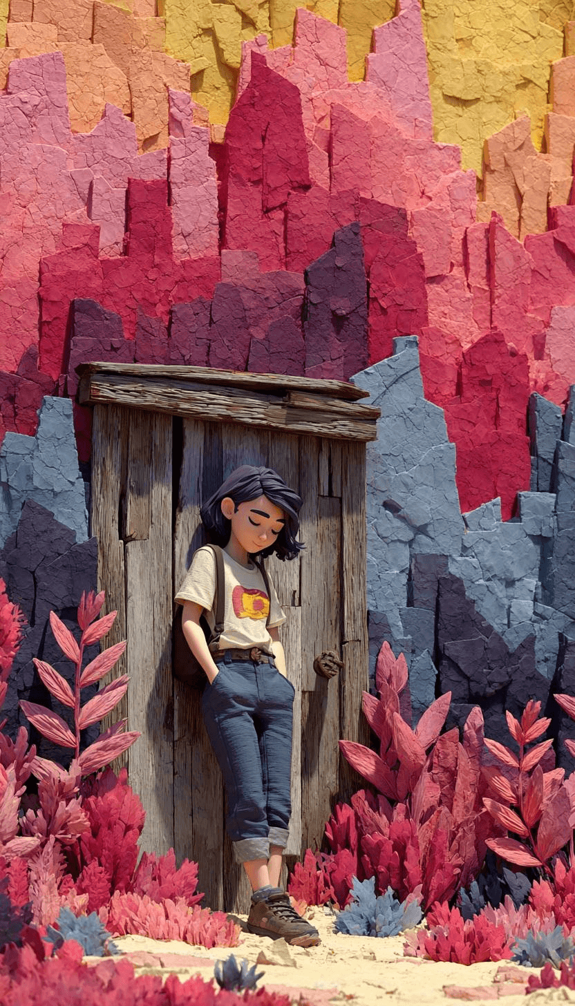 Pixar-like 3D girl leaning on textured wall prompt