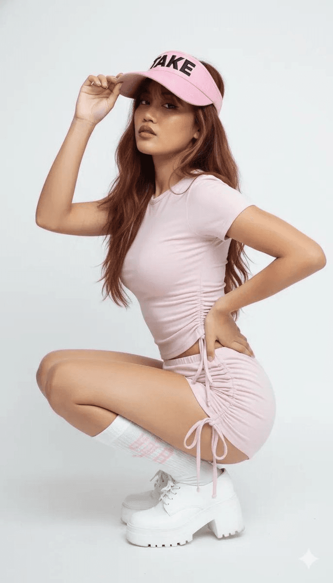 Pastel studio crouching fashion portrait prompt