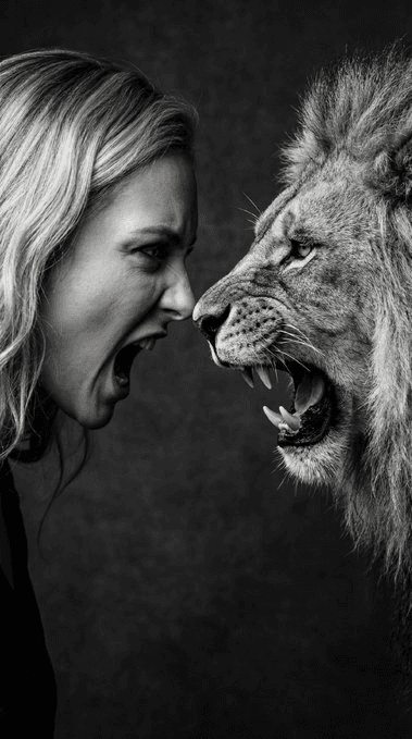 Monochrome human–lion confrontation portrait prompt