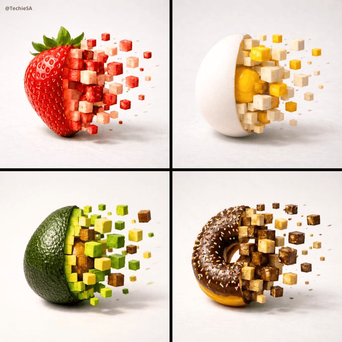 Pixelized food transformation close-up prompt