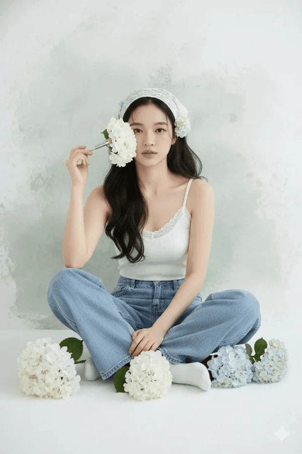 Dreamy headscarf hydrangea portrait prompt