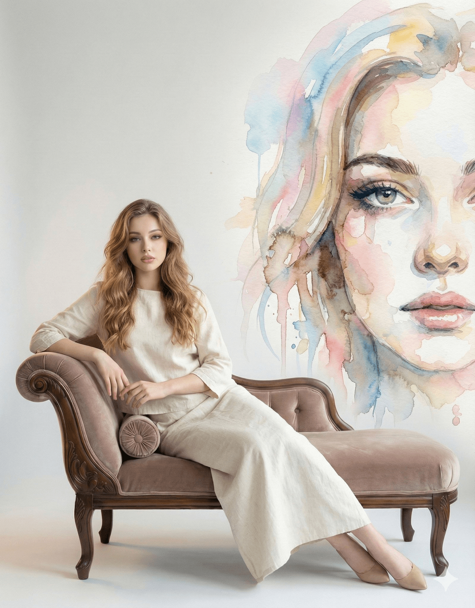 Fine-art studio portrait with watercolor mural prompt