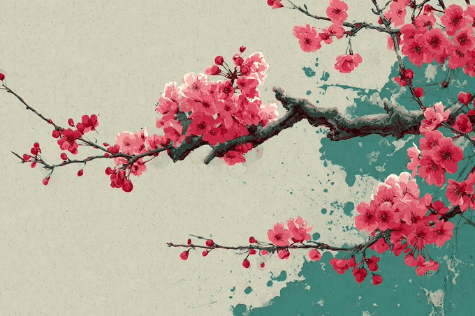 Watercolor splash woodblock sakura prompt