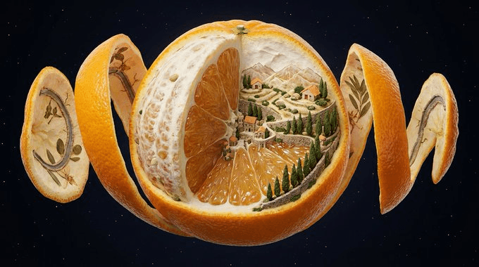 Orange micro-world peelaway render prompt