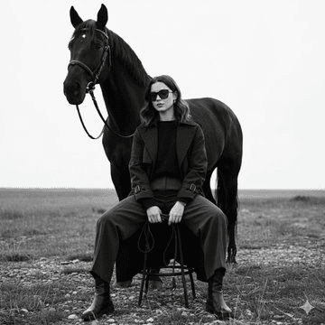 Monochrome fashion portrait with horse prompt