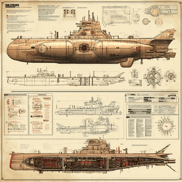 Retrofuturistic steampunk blueprint prompt