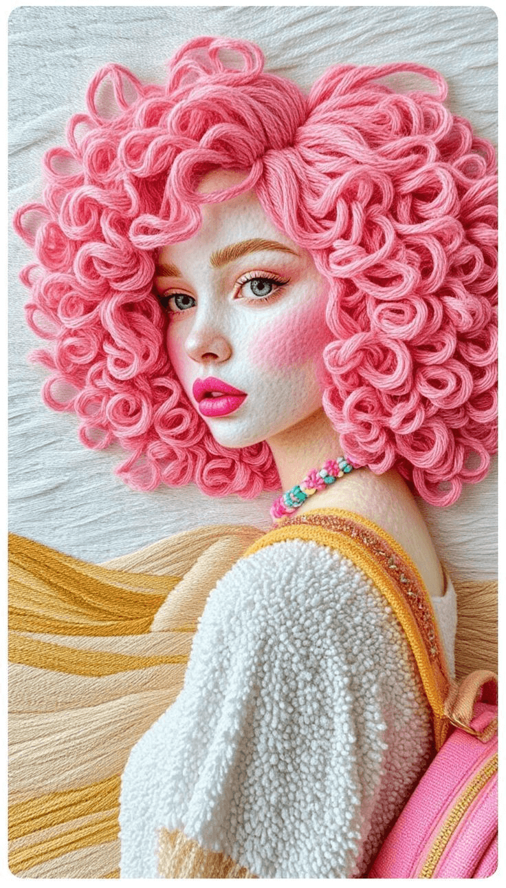 Pastel-pink yarn hair girl 3D portrait prompt