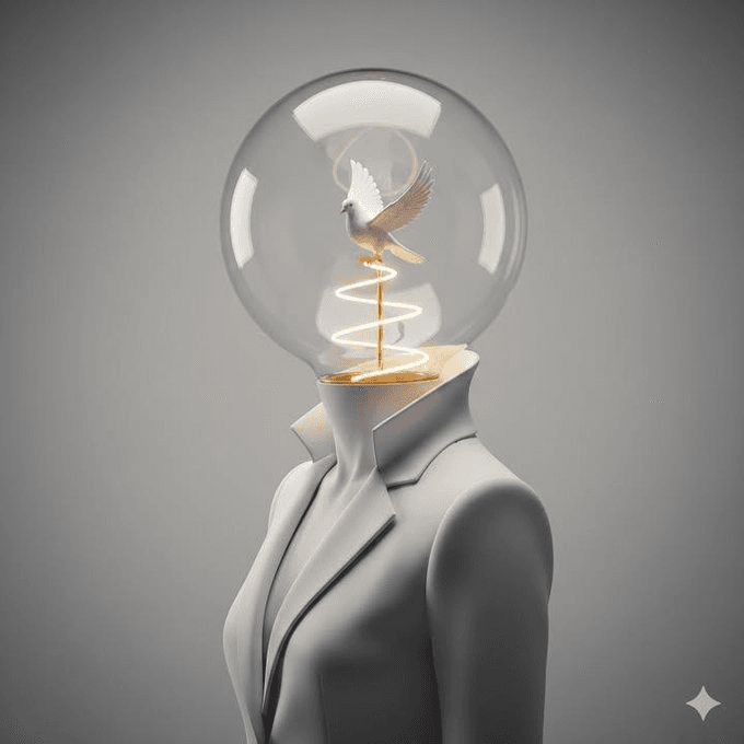 Lightbulb and white bird conceptual sculpture prompt