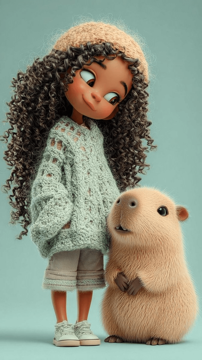Girl and capybara 3D character scene prompt