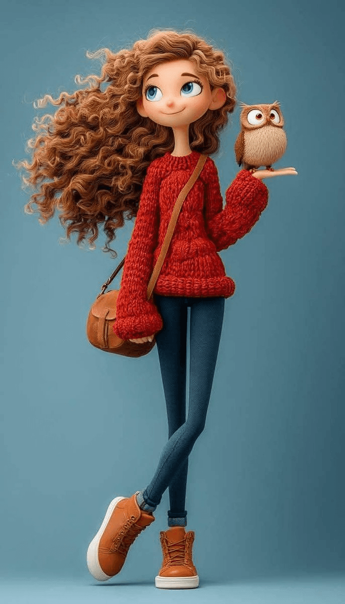 3D girl with tiny owl character prompt